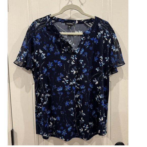 Roz & Ali Tops - Roz & Ali XL Navy Blue & White Short-Sleeve Blouse Flutter Sleeves EUC Workwear